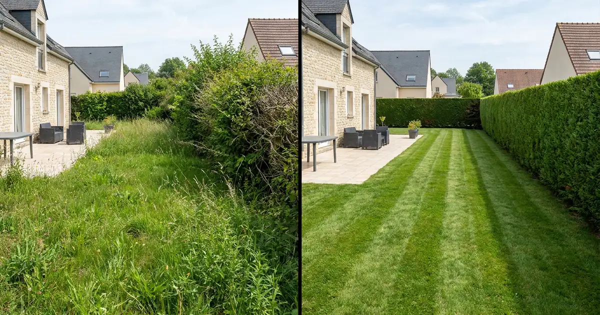 Jardin résidentiel avant et après un entretien complet des espaces verts