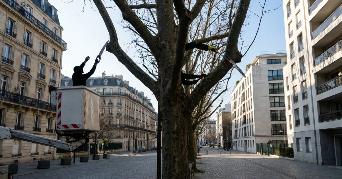 Élagage en hauteur d'un arbre urbain depuis une nacelle