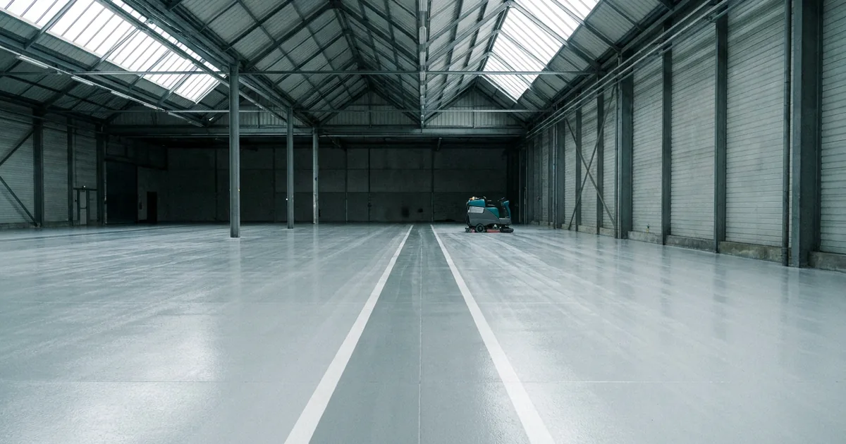Nettoyage industriel d'un hall de production a Nantes, sol beton lave a l'autolaveuse